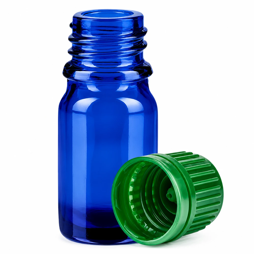 5ml Flasche 11mm Schraubverschluss grün Originalitätsverschluss BlueLine UT18/5 Hochwertige 5ml Apothekerflasche blau mit kindersicherem grünem Verschluss