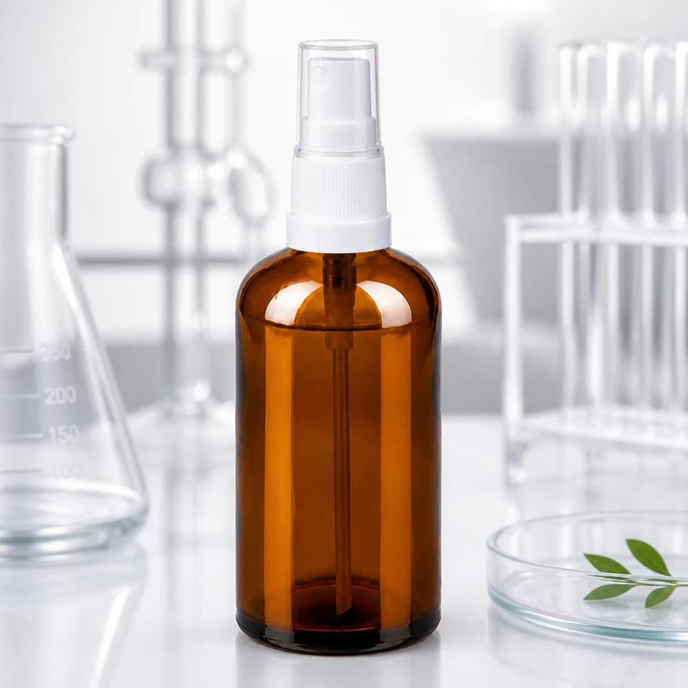 100ml Sprayflasche weiß/transparent Standardverschluss BrownLine UT18/100 Robuste 100ml BrownLine Glasflasche mit Standardgewinde für industrielle und pharmazeutische Zwecke