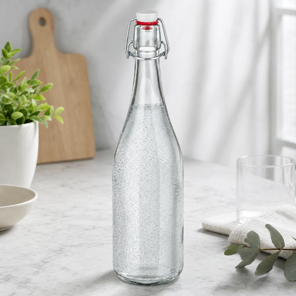 750ml Glasflasche mit Bügelverschluss befüllt mit Sprudelwasser Küchenszenerie marble Arbeitsplatte modern