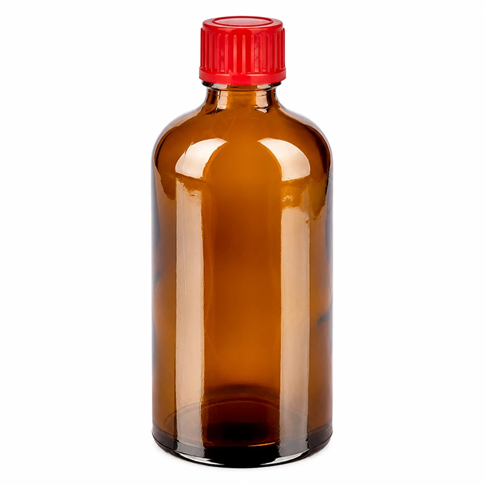 100ml Flasche 11mm Schraubverschluss rot Standard BrownLine UT18/100 Pharmazeutische Glasflasche 100ml braun mit rotem Schraubdeckel für sichere Lagerung