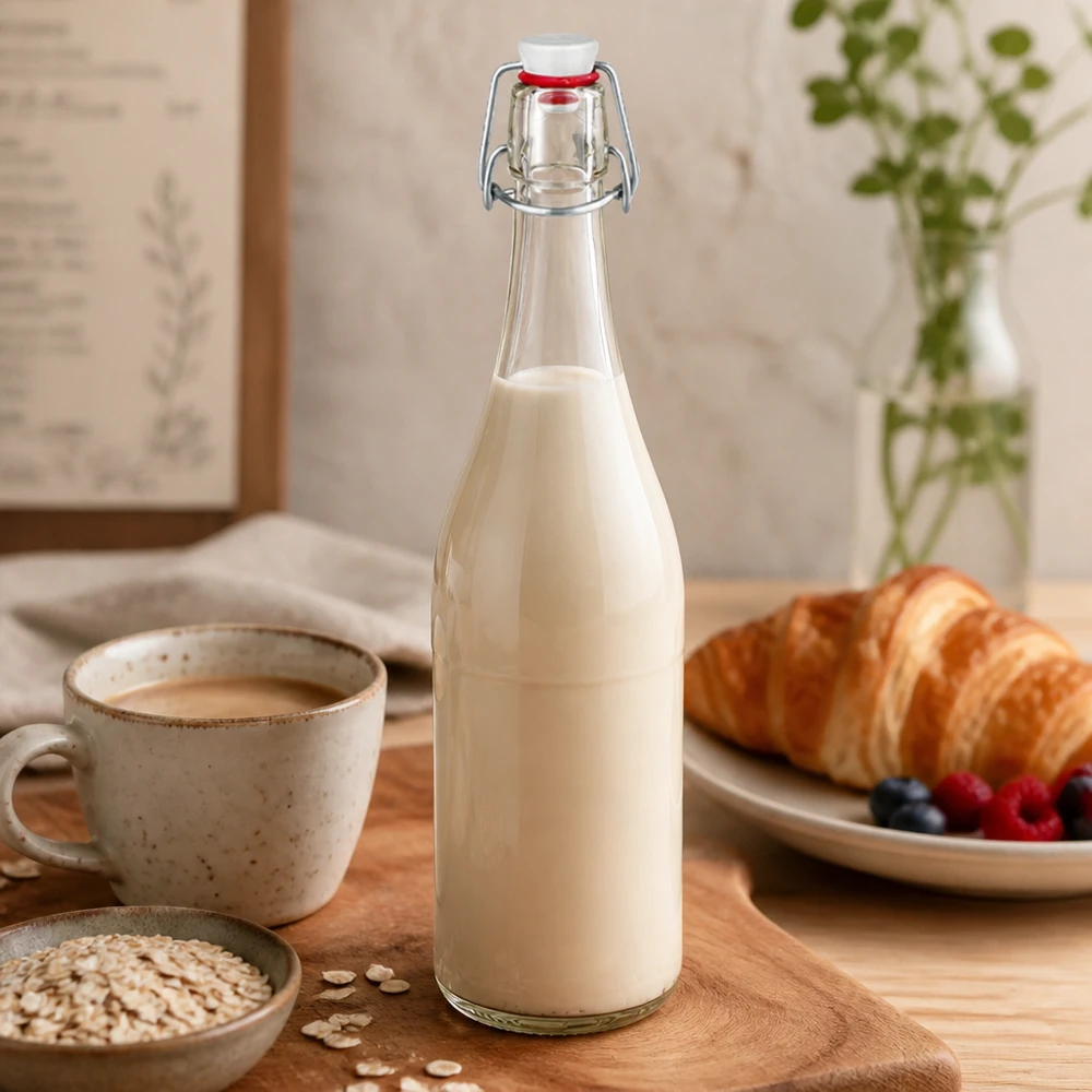 750ml Glasflasche und Bügelverschluss PVC UNiTWIST 750ml Glasflasche Bügelverschluss mit Milch befüllt Küchenszenerie Frühstück Croissant Haferflocken natürlich