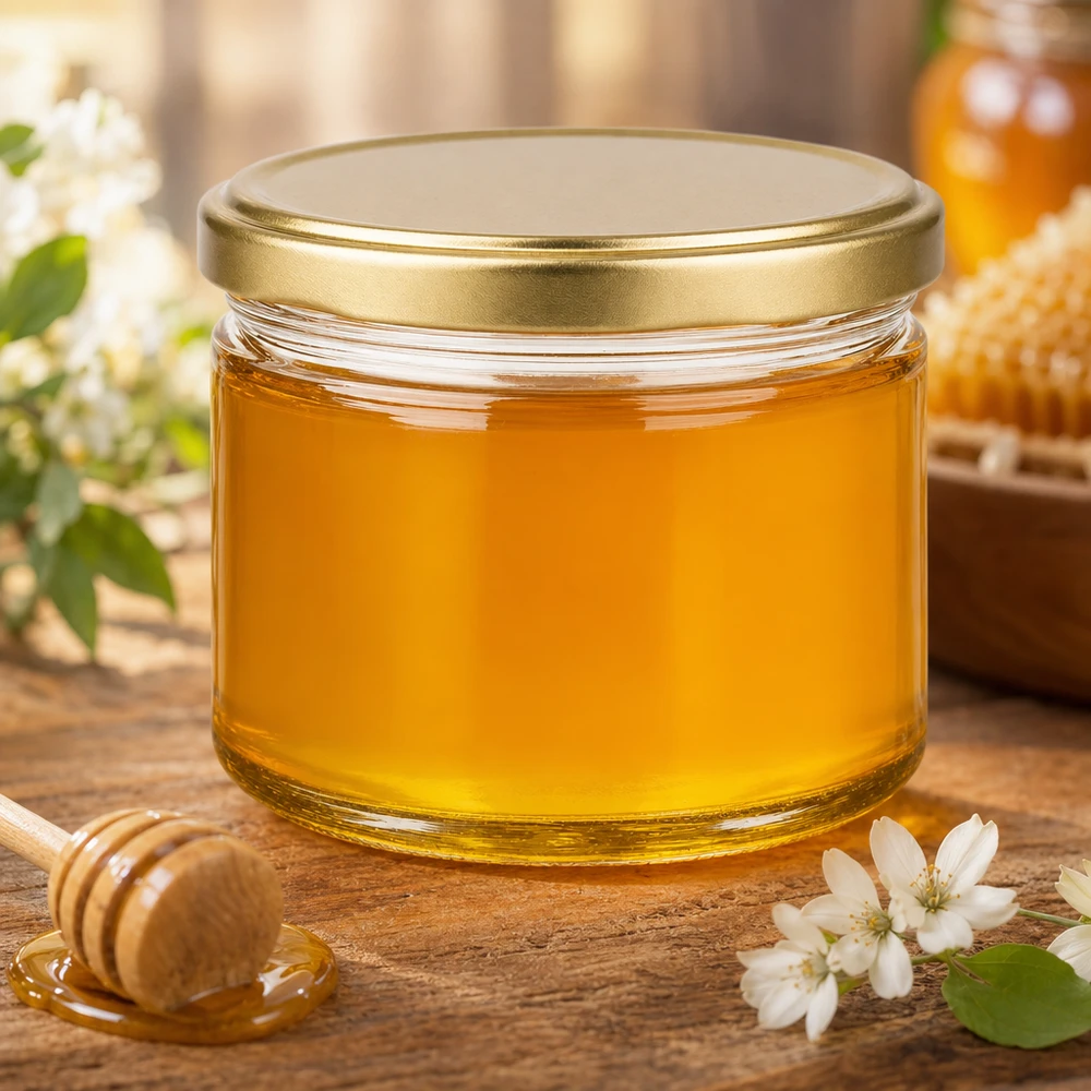 700g Honigglas BasicSeal mit goldenem Deckel auf Holztisch dekoriert mit weißen Blüten und Honiglöffel