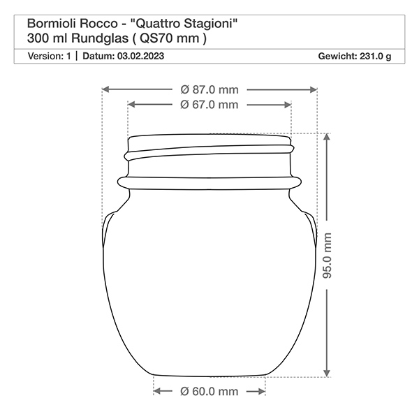 300ml Rundglas "Quattro Stagioni" mit Deckel Technische Zeichnung 300ml Rundglas Quattro Stagioni mit Maßangaben und Deckel von Bormioli Rocco