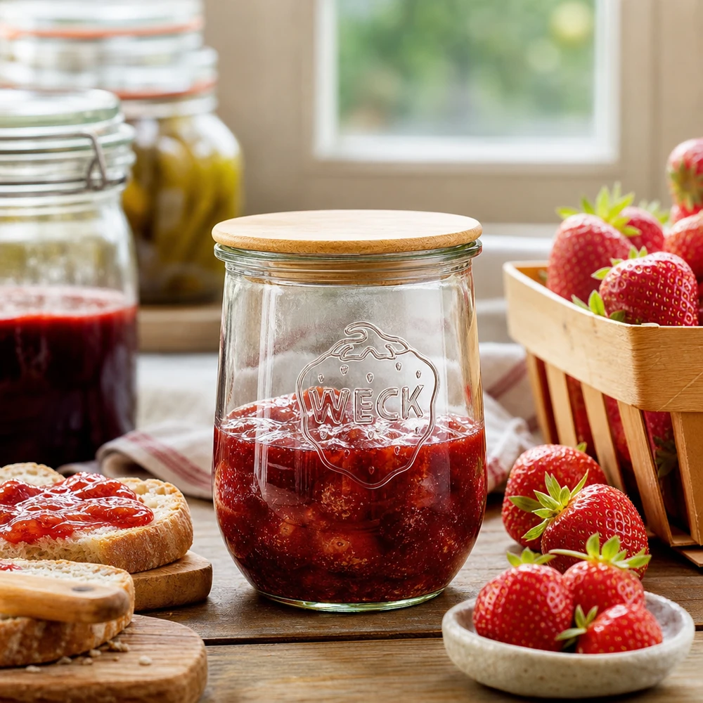 1062ml Tulpenglas WECK RR100 mit Holzdeckel WECK Tulpenglas RR100 1062ml mit Holzdeckel gefüllt mit Erdbeermarmelade auf Küchentisch mit frischen Erdbeeren