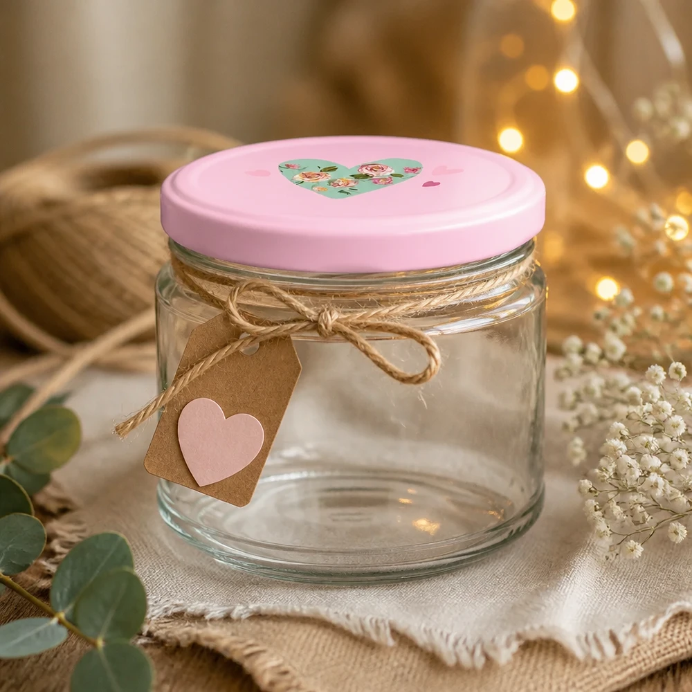 330ml Rundglas mit rosa Herz-Deckel und Geschenkanhänger, dekorativ arrangiert mit Lichterkette und Trockenblumen