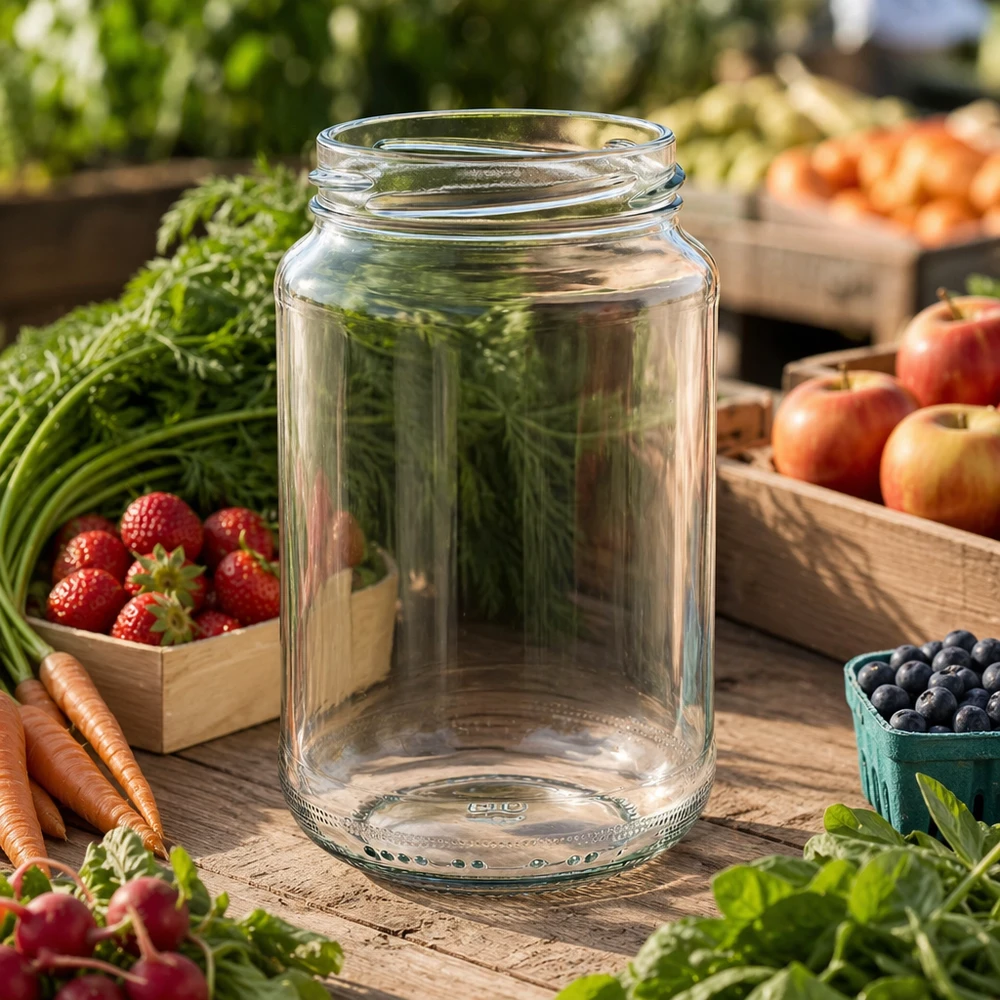 375ml Rundglas ohne Deckel (TO63) UNiTWIST UNiTWIST Runda375 Rundglas 375ml TO63 auf Holztisch umgeben von frischem Gemüse Obst und Kräutern im Garten