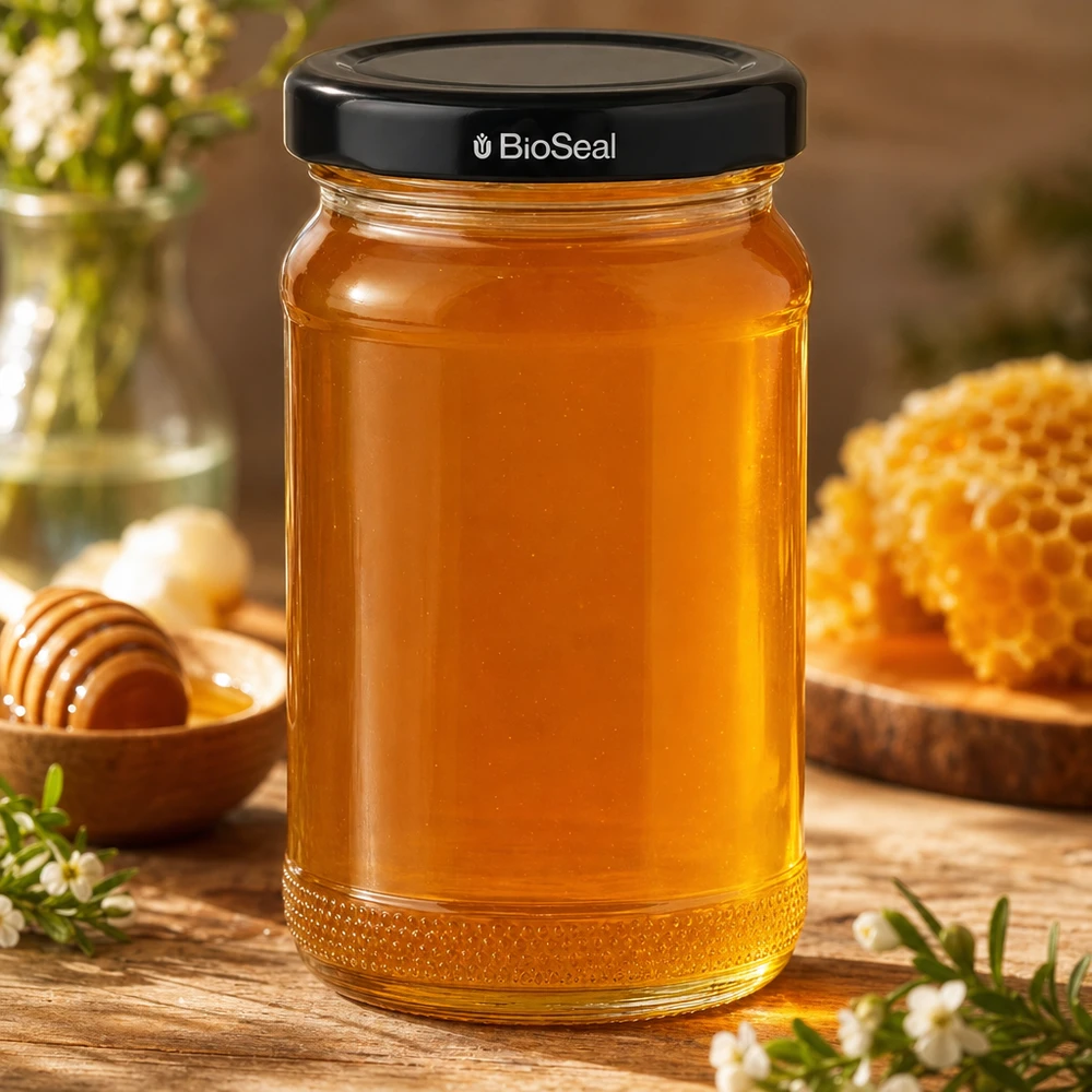 110ml Rundglas + BioSeal Deckel schwarz UNiTWIST UNiTWIST Runda110 Honigglas gefüllt mit Honig und schwarzem TO48 BioSeal Deckel auf Holztisch mit Waben