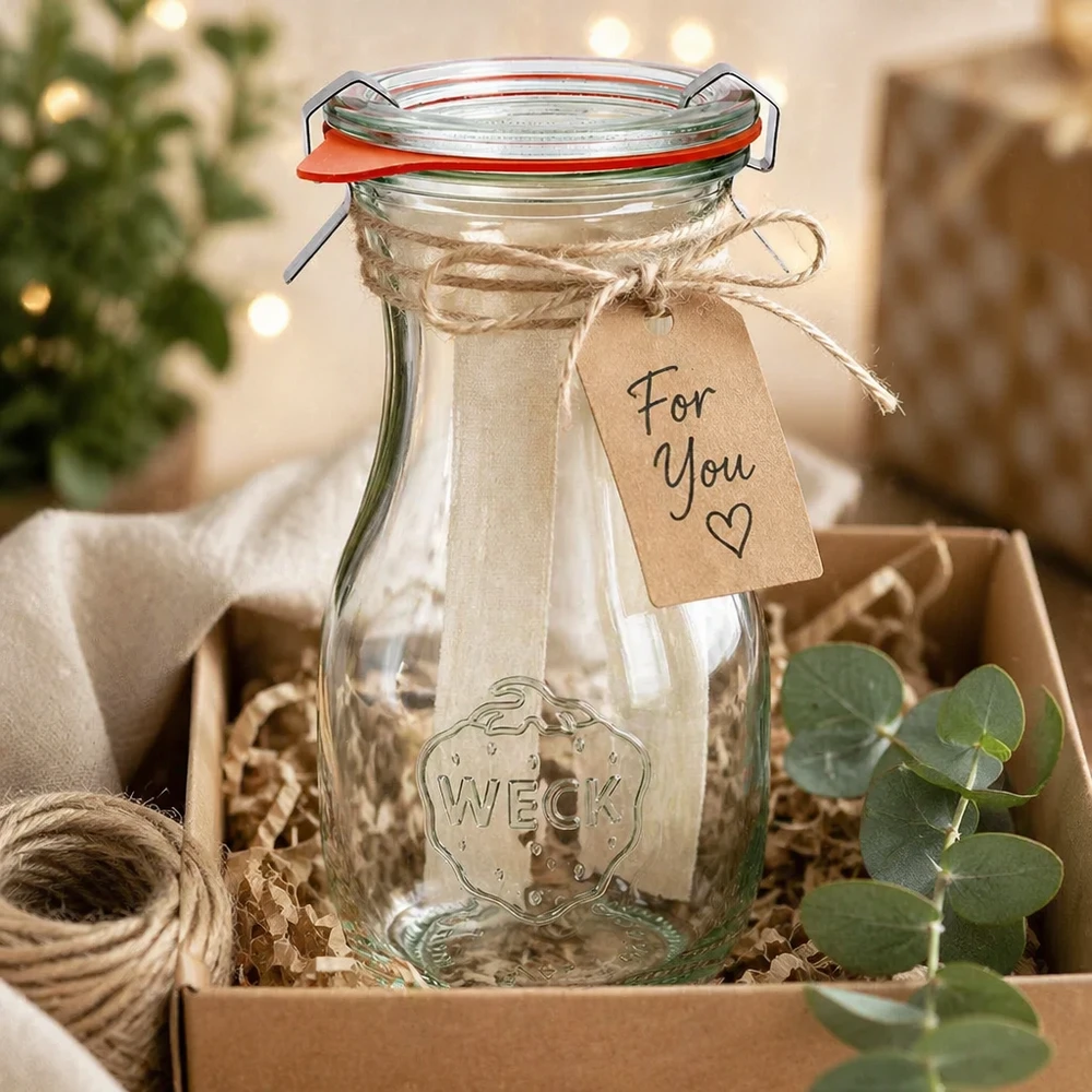 WECK Saftflasche 290ml RR60 als Geschenk dekoriert mit Schleife und Anhänger in rustikaler Geschenkbox