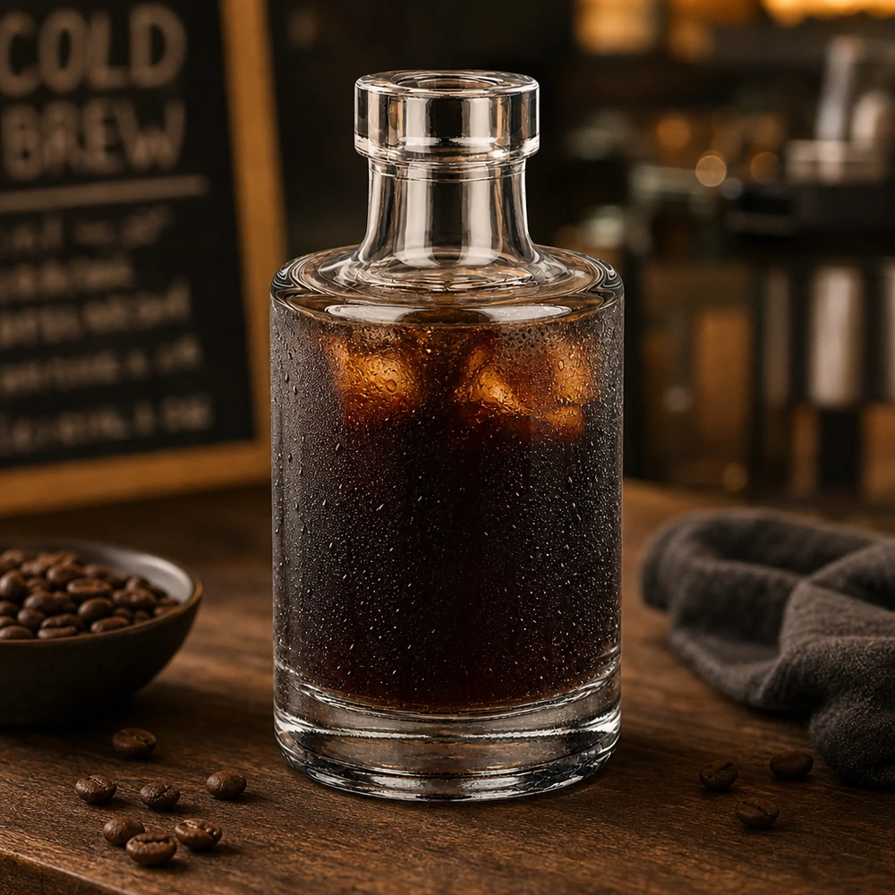 100ml Glasflasche "Marie" ohne Verschluss UNiTWIST 100ml Glasflasche Marie mit Cold Brew Kaffee gefüllt neben Kaffeebohnen in gemütlicher Café-Atmosphäre