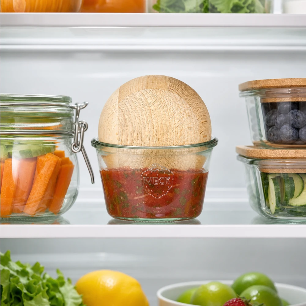 WECK Sturzglas 370ml RR100 Kühlschrank Aufbewahrung Salsa Dip Buchenkugel neben Gemüse frische Zutaten
