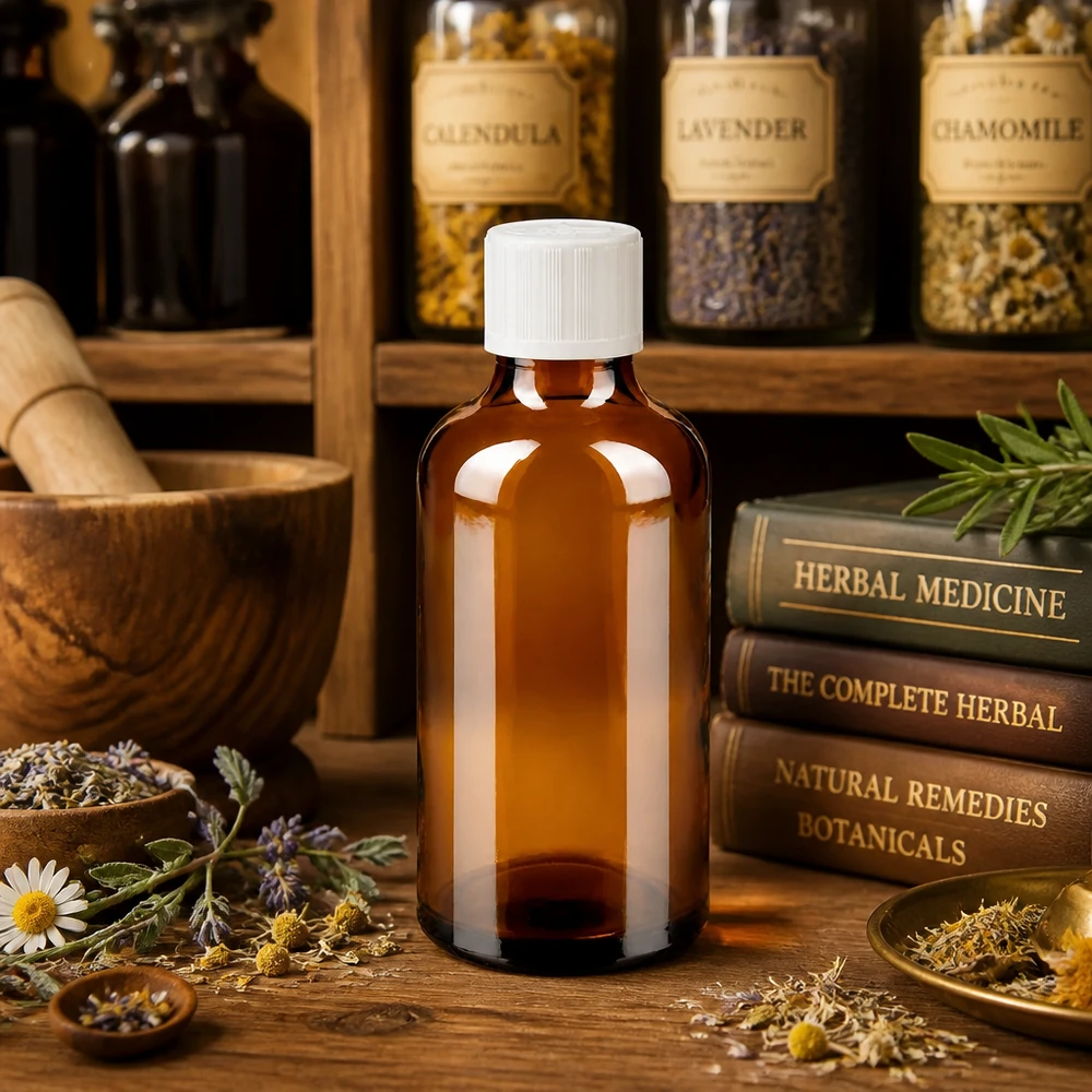 Apothekenflasche braun 50ml Tropfverschluss weiß Kindersicherung Standard Herbal Medicine Regal mit 50ml Braunglastropfflasche weißem KiSi-Deckel und Kräuterzubehör