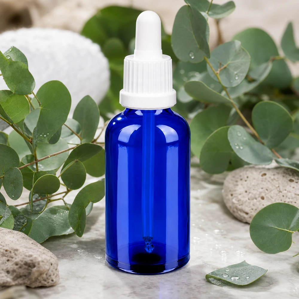 UV-schützende blaue 50ml Glasflasche OV BlueLine UT18/50 mit präzisem Pipettensystem