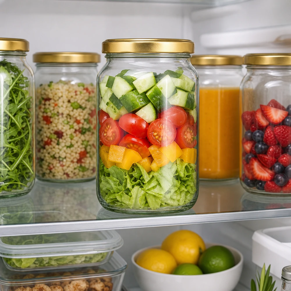 1700ml Rundglas mit BasicSeal Deckel gold UNiTWIST 1700ml Rundglas mit goldenem BasicSeal Deckel im Kühlschrank zeigt Meal Prep mit Salat und gesunder Vorratshaltung