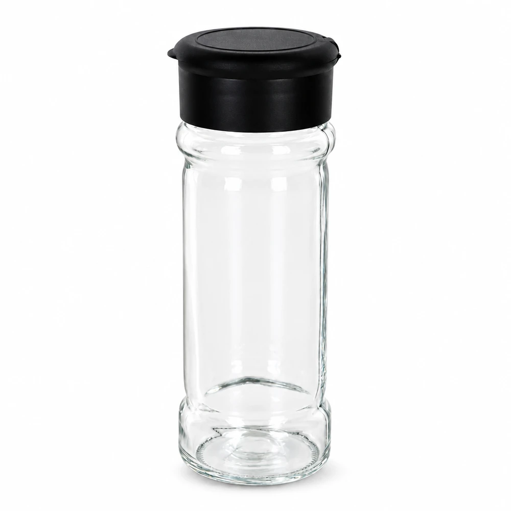 Salz-/Gewürzglas 100ml mit Streuer schwarz Stapelbares Küchengewürzglas 100ml aus transparentem Glas mit schwarzem Deckelstreuer