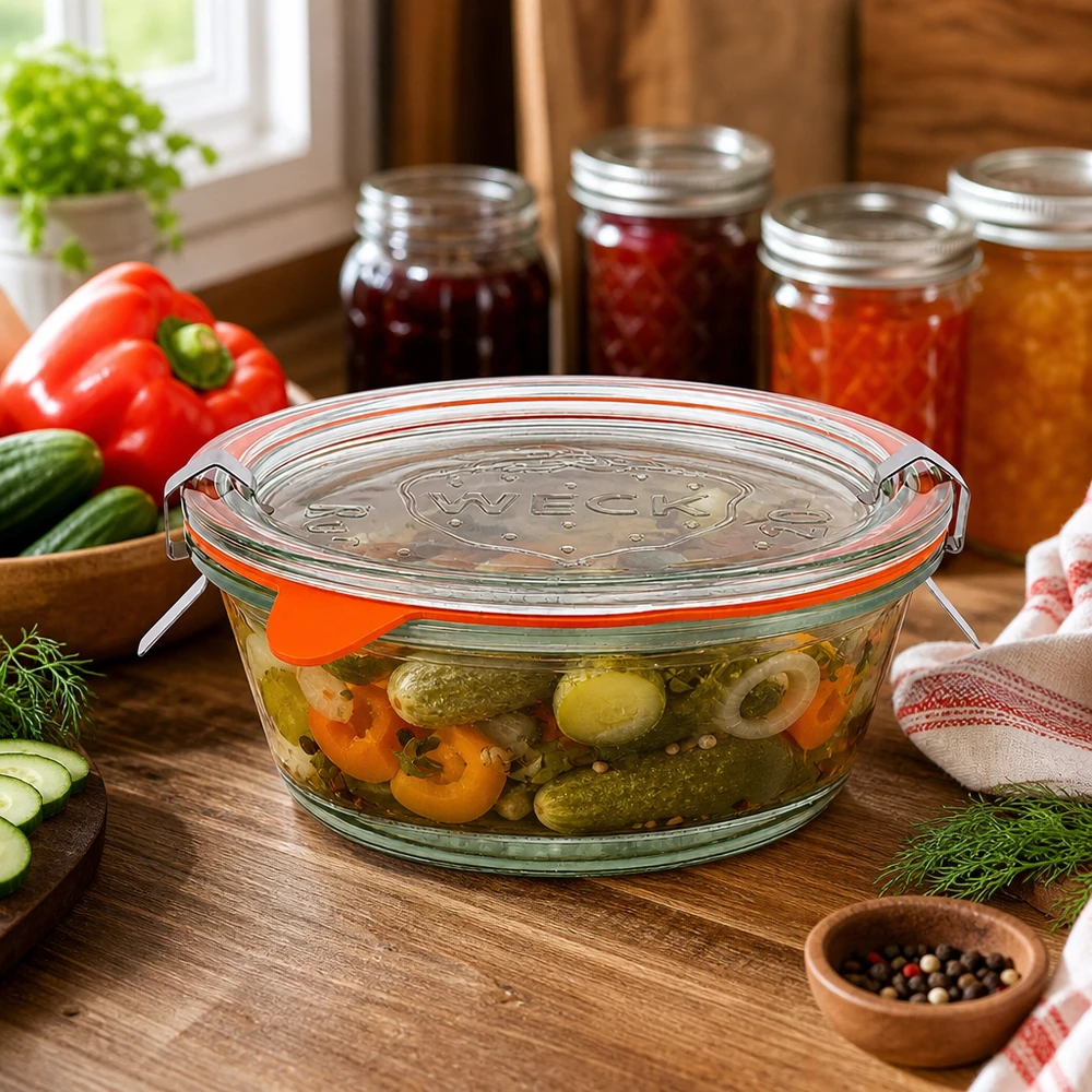 300ml Gourmetglas komplett WECK RR120 WECK 300ml Gourmetglas RR120 in Küche mit eingelegtem Gemüse, Einmachgläser im Hintergrund, Küchenatmosphäre