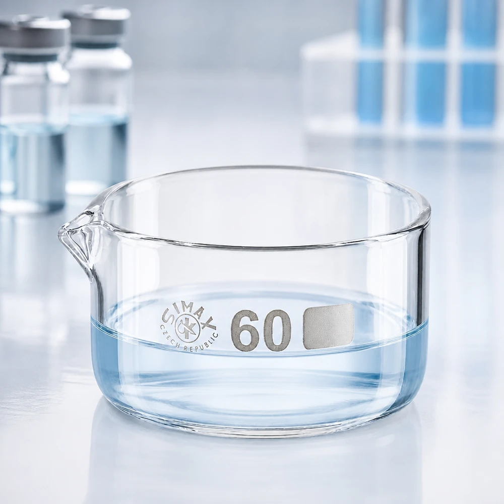 60ml Kristallisierschale mit Ausguss Borosilikat ø60mm Simax Kristallisierschale 60ml Glas flach zylindrisch Ausguss Bodenring Laborglas Eindampfung