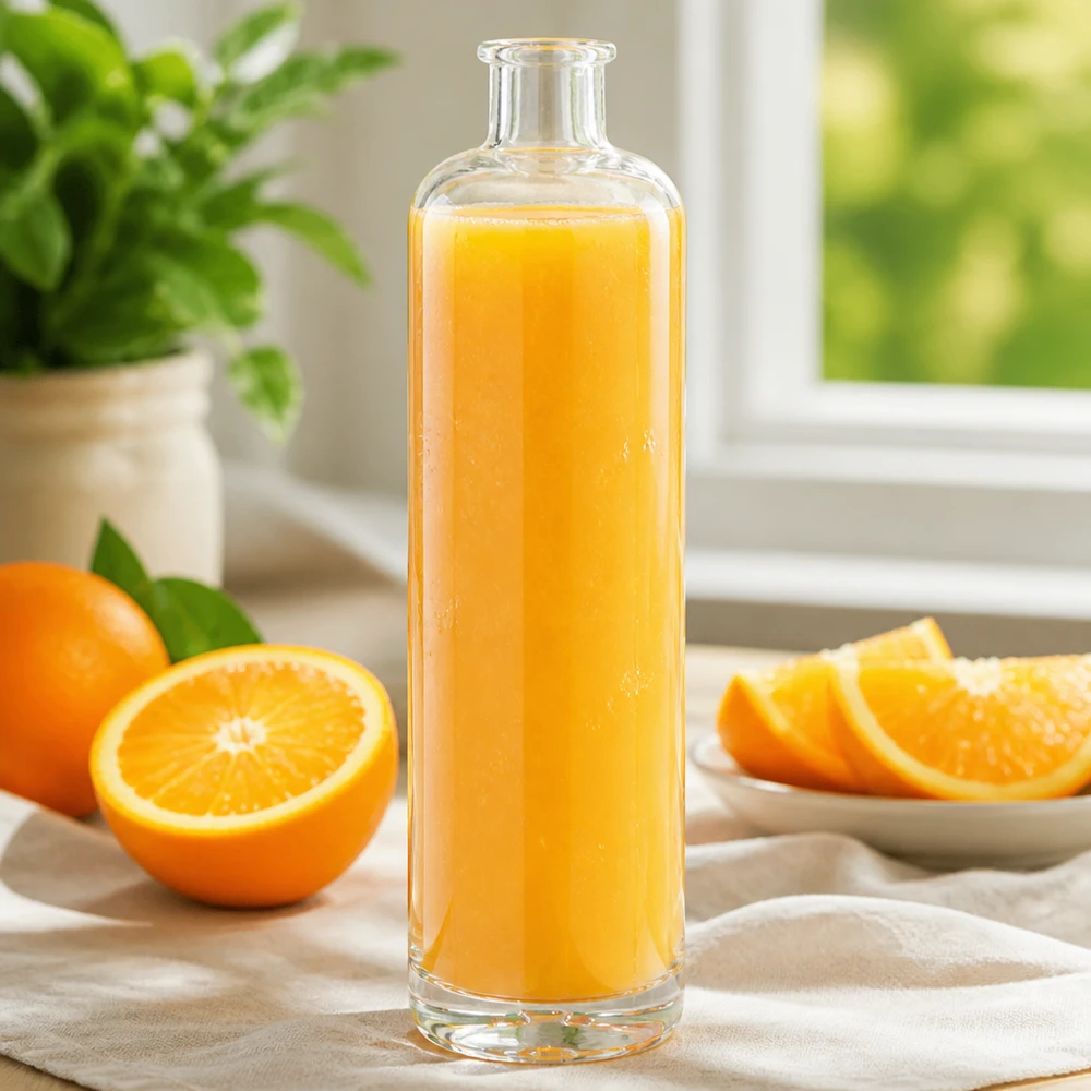 700ml Glasflasche "Eleganz" ohne Verschluss UNiTWIST® 700ml Glasflasche Ella mit frischem Orangensaft befüllt neben Orangenscheiben auf hellem Küchentisch mit Pflanzendeko
