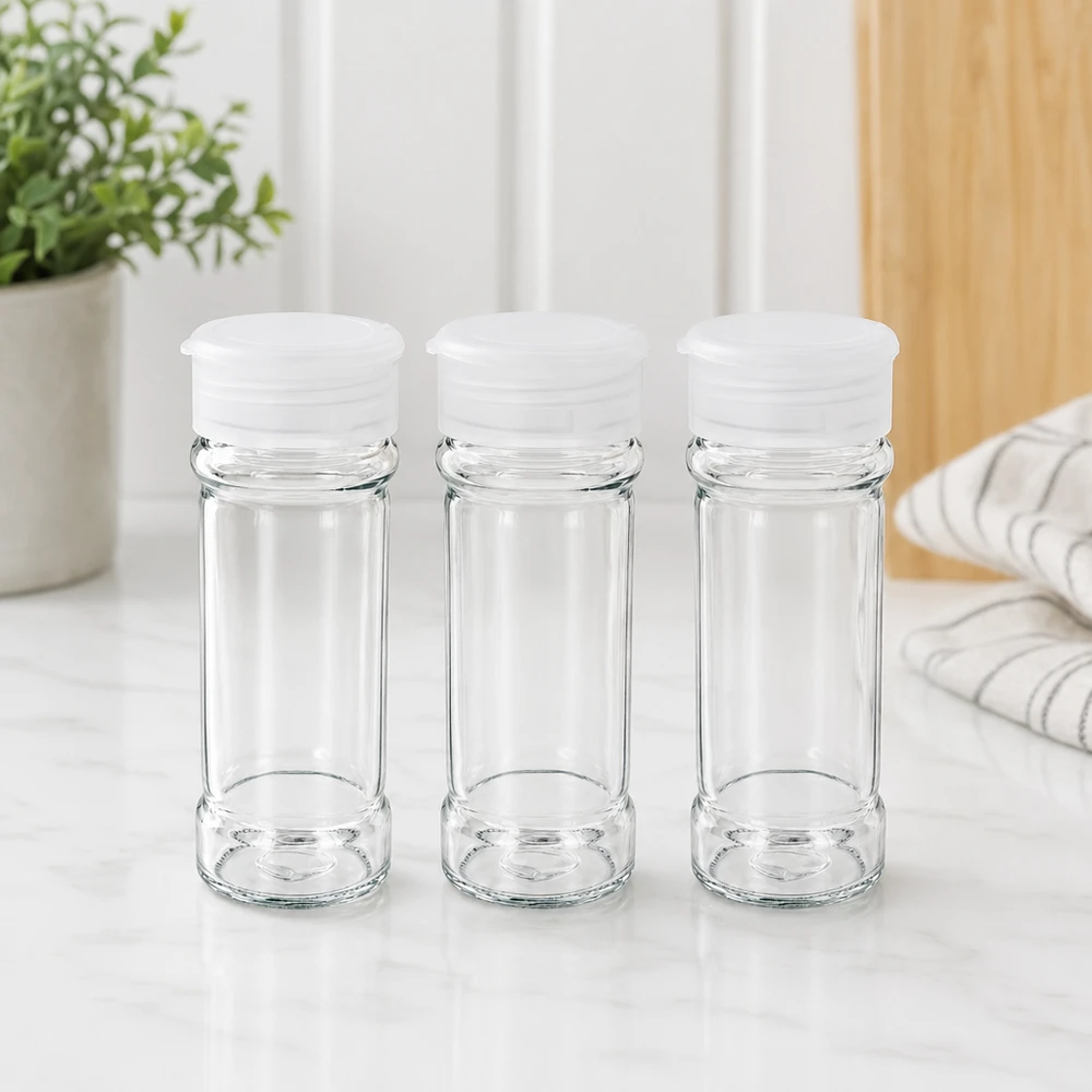 Stapelbare Gewürzgläser 100ml aus Borosilikatglas mit weißem Schüttelverschluss