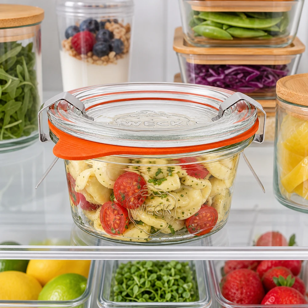 50ml Sturzglas komplett WECK RR60 WECK 50ml Sturzglas RR60 im Kühlschrank mit Pasta-Salat gefüllt zwischen anderen Lebensmittelbehältern zur Aufbewahrung