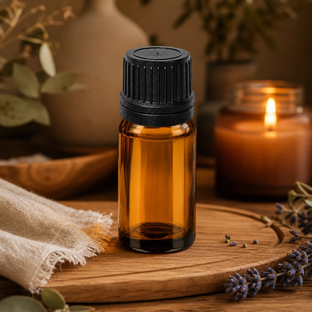 10ml Apothekerfl​asche in Bernsteinoptik mit schwarzem OV-Verschluss für Naturkosmetik