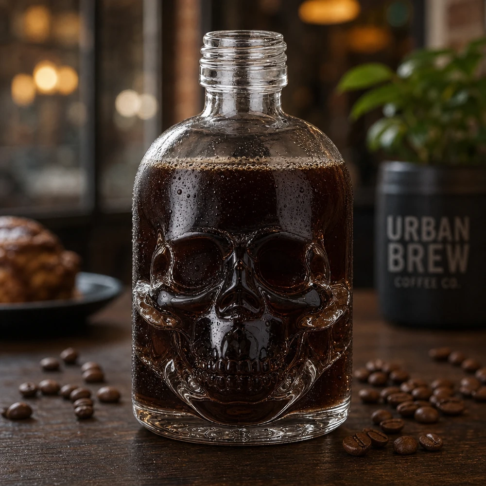 50ml Glasflasche "Hector" ohne Schrauberschluss UNiTWIST Totenkopf Glasflasche Hector 50ml mit Cold Brew Kaffee befüllt zwischen Kaffeebohnen UNiTWIST Glasware