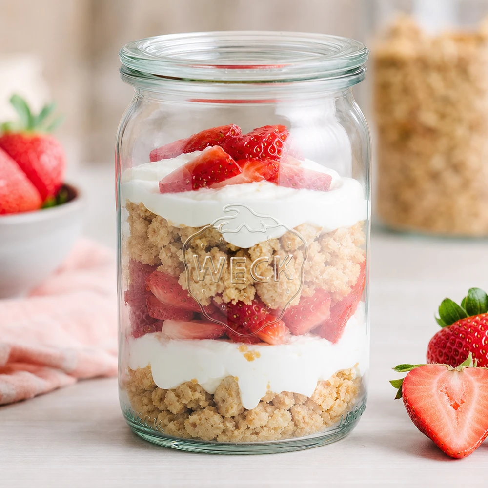 WECK 145ml Zylinderglas RR40 als Dessertglas mit Erdbeeren und Sahne Schichtdessert auf weißer Küchenarbeitsplatte