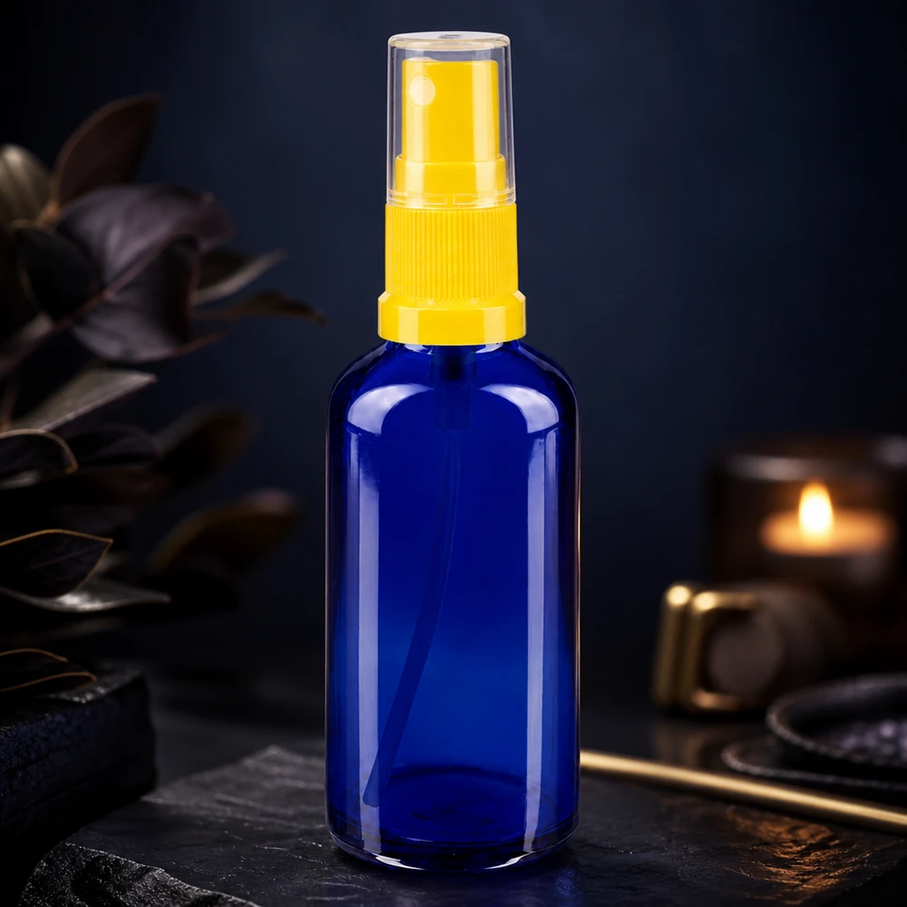 Apothekenflasche blau 50ml Sprayaufsatz gelb 50ml STD Zerstäuberflasche aus UV-Schutzglas in Blau mit gelbem Sprühkopf