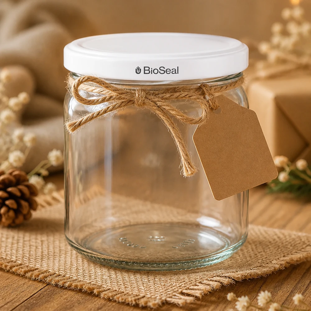 408ml Rundglas mit BioSeal Deckel weiß UNiTWIST UNiTWIST Runda408 dekorativ mit Juteschleife und Geschenkanhänger - stilvoll verpacktes Einmachglas als Geschenkidee