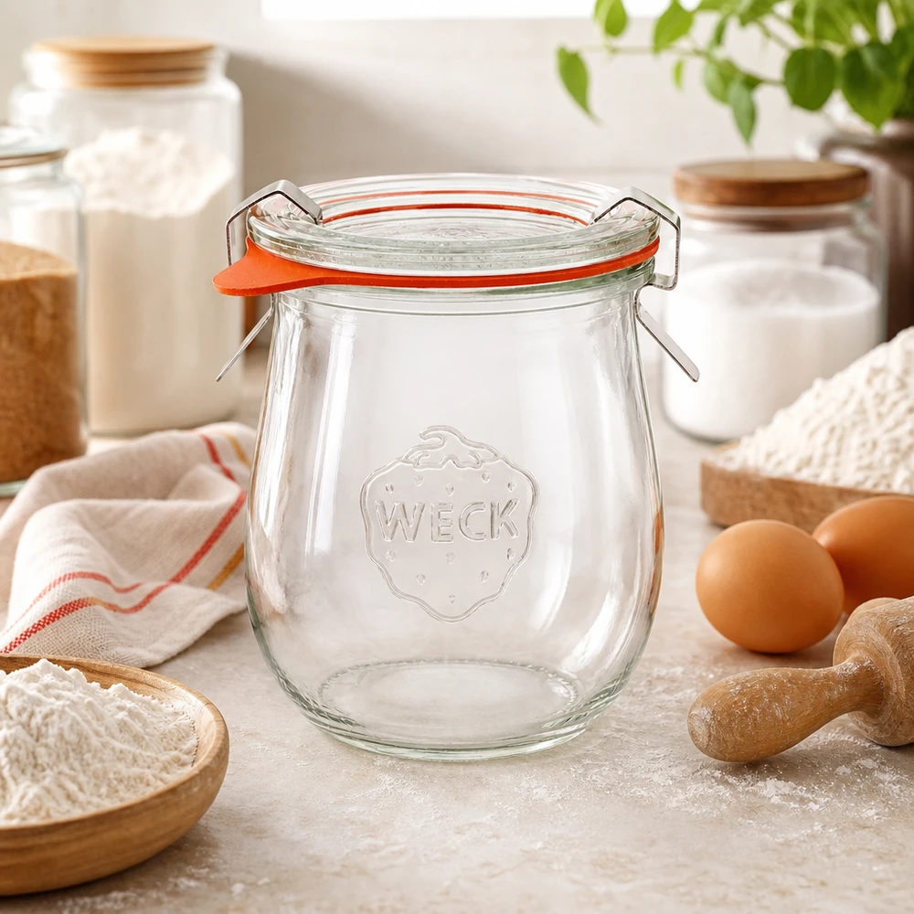 WECK Tulpenglas 220ml RR60 in Backstube mit Mehl Eiern und Küchenutensilien Einmachglas für Backzutaten