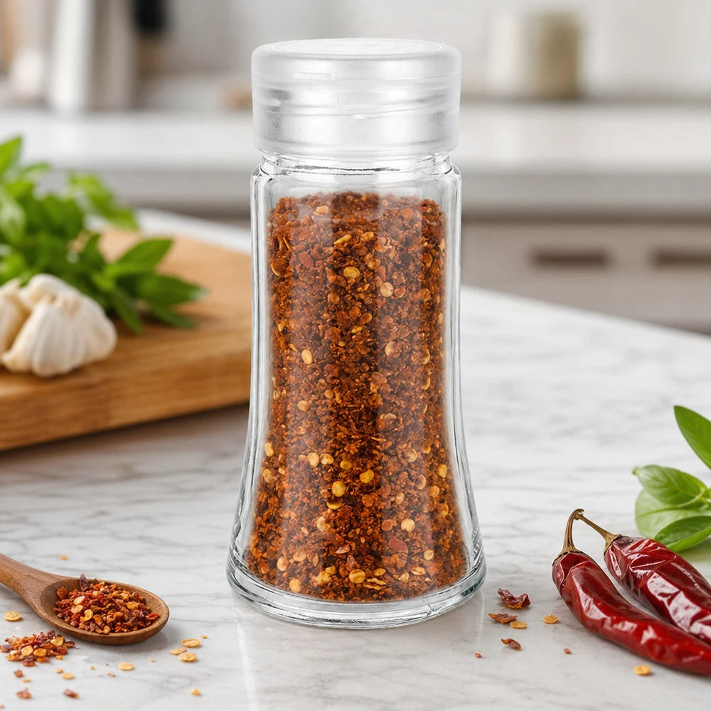 Salz-/Gewürzglas 95ml mit Streuer weiss Zylindrisches Gewürzglas 95ml aus klarem Glas mit weißem Streuerdeckel in Küchenumgebung