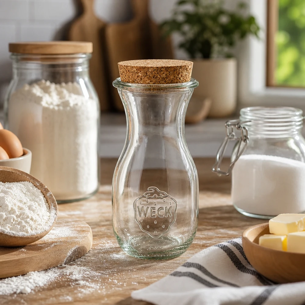 WECK Saftflasche 290ml RR60 leer in Küche umgeben von Backzutaten Mehl Milch Butter auf Holzbrett Landhaus-Stil
