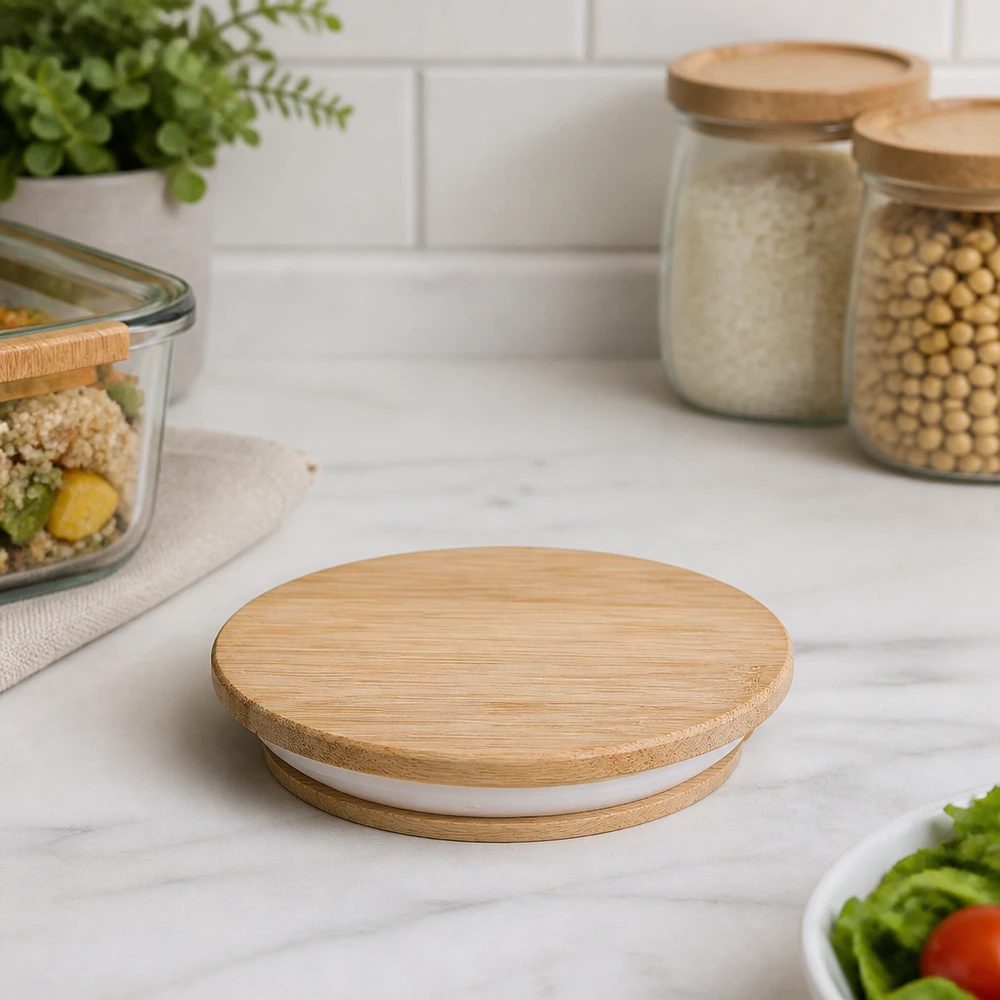 WECK Holzdeckel RR80 auf Marmorarbeitsplatte mit Vorratsgläsern und Meal-Prep-Behältern in moderner Küche