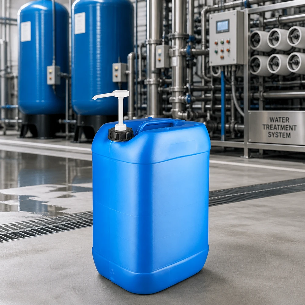 Kanister 25 Liter blau mit Dosierpumpe Kompakter blauer Kunststoffkanister 25 Liter mit Pumpspender vor industriellen Drucktanks