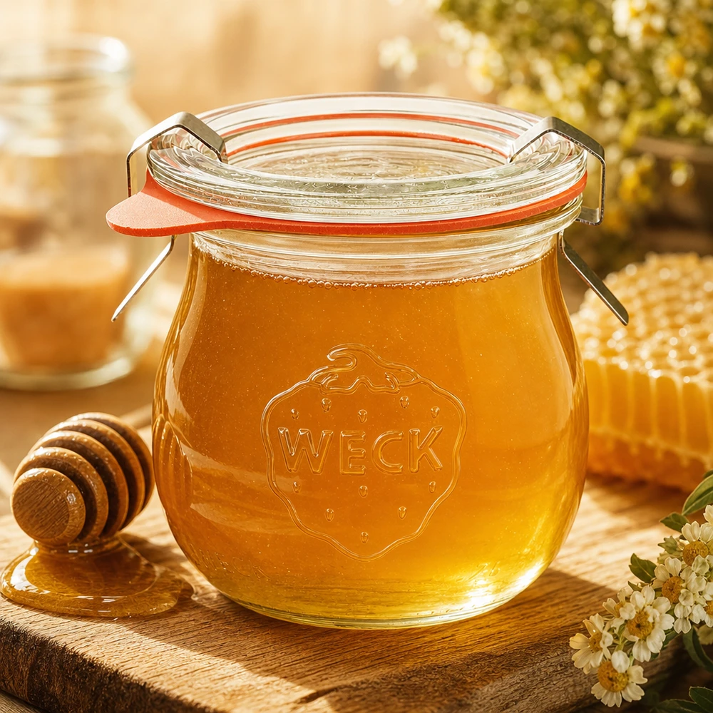 75ml Tulpenglas komplett WECK RR40 WECK Tulpenglas 75ml mit Honig befüllt und Wabenhonig auf Holzbrett mit Blüten in warmer Küchen-Atmosphäre
