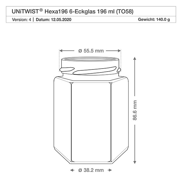 UNiTWIST Hexa196 sechseckiges Einmachglas 196ml TO58 Gewinde technische Zeichnung mit Maßen 55,5mm Durchmesser