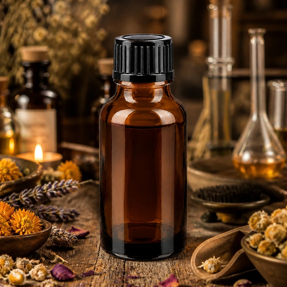 Apothekenflasche braun 20ml Tropfverschluss 1mm schwarz Standard Hochwertige 20ml STD Tropfflasche ApoGlas braun neben Ringelblumen und Kamillenblüten