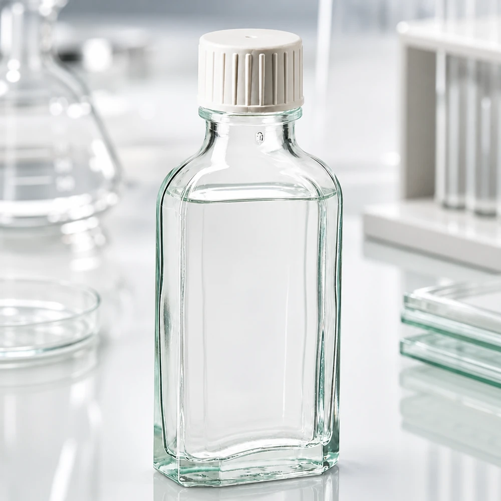 50 ml Meplat klar Schraubverschluss mit Giessring 50 ml Apothekerflasche Meplat klar mit strukturiertem Schraubdeckel und Gießhilfe