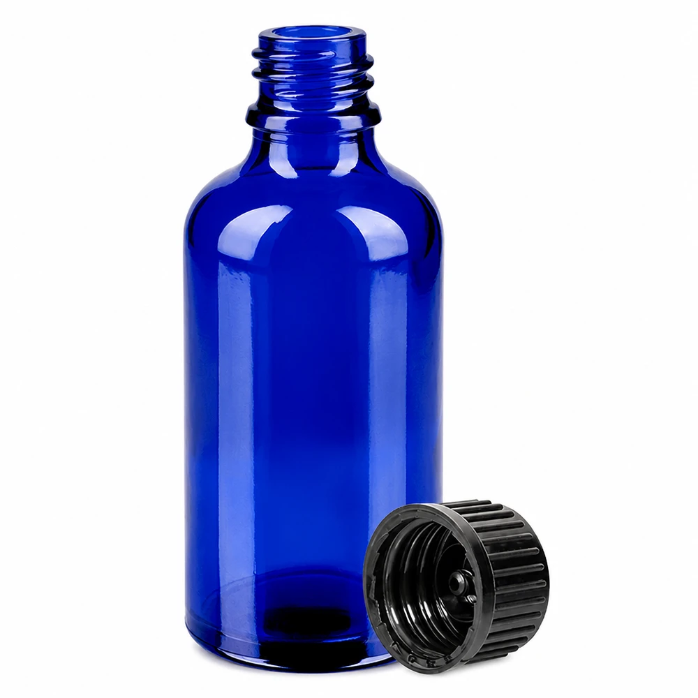 50ml Flasche 11mm Schraubverschluss schwarz Standard BlueLine UT18/50 Hochwertige 50ml Glasflasche in Blau mit Standardgewinde für Labor und Apotheke