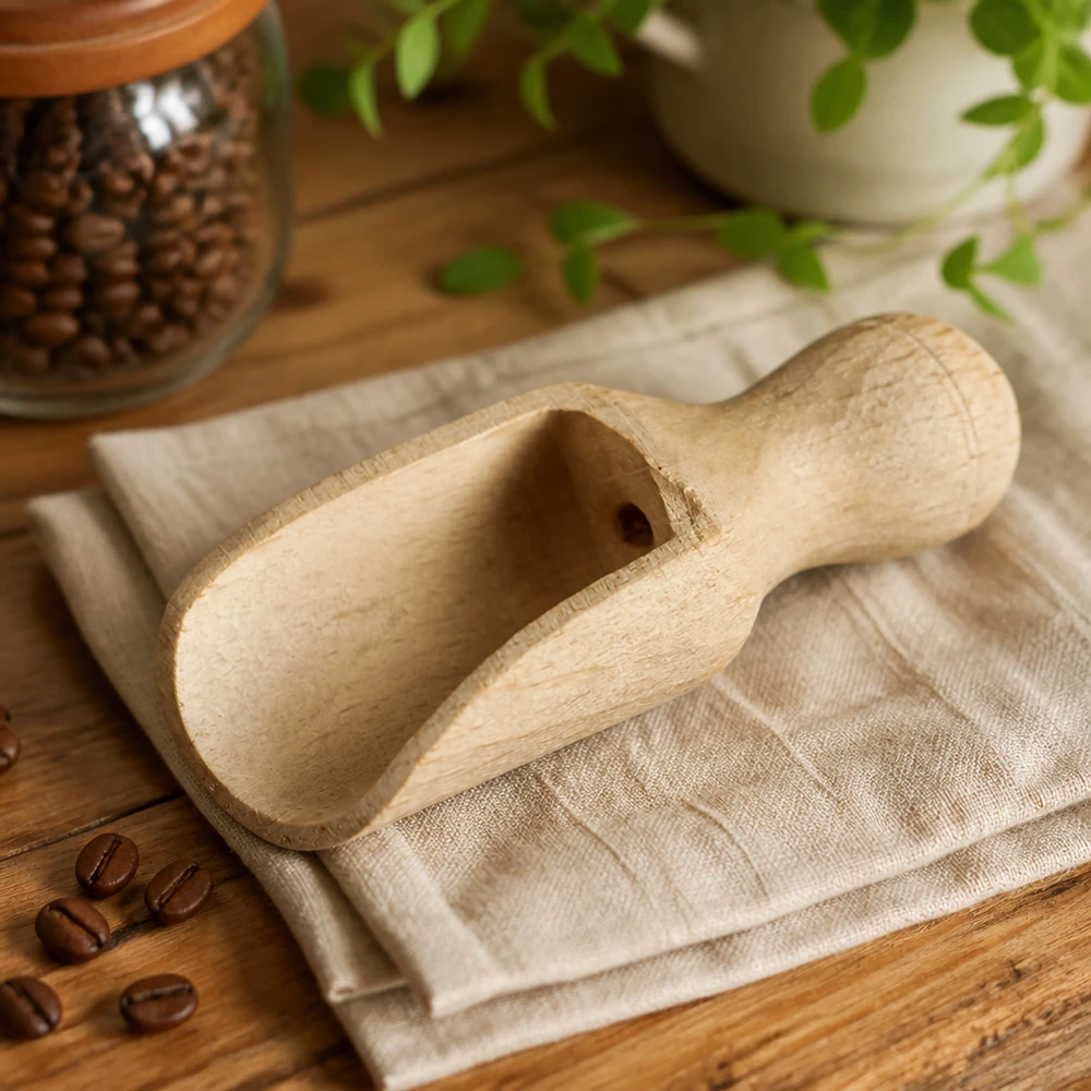 Holzschaufel Grösse XS halbrunde Form - 52mm lang Holzschaufel XS 5,2cm auf Leinentuch mit Kaffeebohnen und Glasdose im natürlichen Küchenambiente