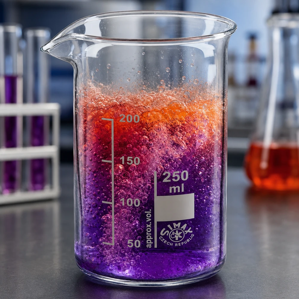Becherglas 250ml Borosilikatglas hohe Form mit schäumender Flüssigkeit in Violett und Rot