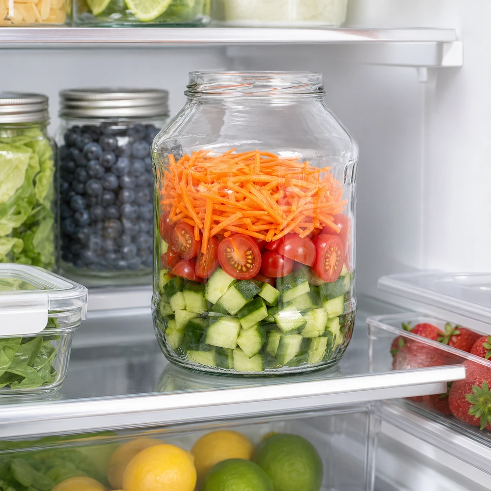 2650ml Rundglas ohne Deckel (TO100) UNiTWIST UNiTWIST Runda2650 Sturzglas 2650ml im Kühlschrank mit geschichtetem Salat aus Gurken Tomaten Karotten Meal Prep