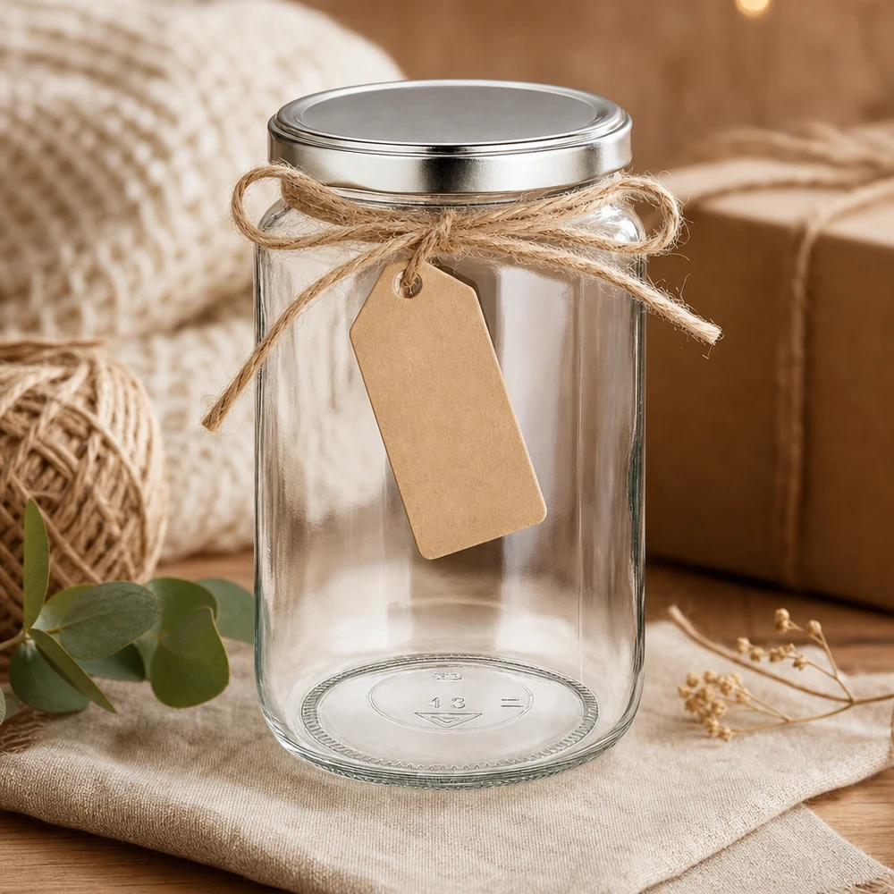 795ml Rundglas mit BasicSeal Deckel dekorativ mit Juteschnur und Geschenkanhänger als Geschenkverpackung
