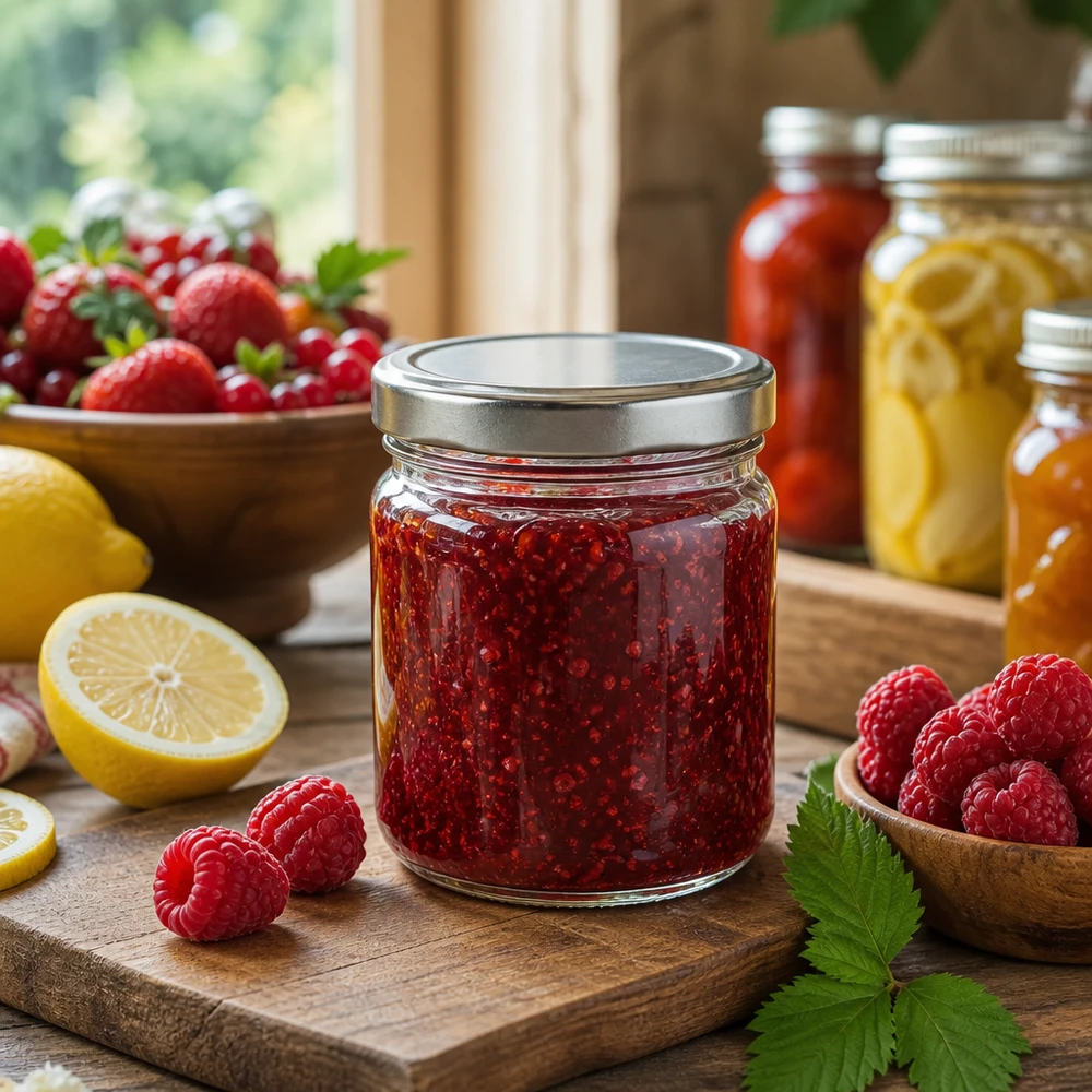 212ml Rundglas + BasicSeal Deckel silber TO63 UNiTWIST 212ml Rundglas mit silbernem Deckel gefüllt mit roter Marmelade umgeben von frischen Beeren und Zitronen
