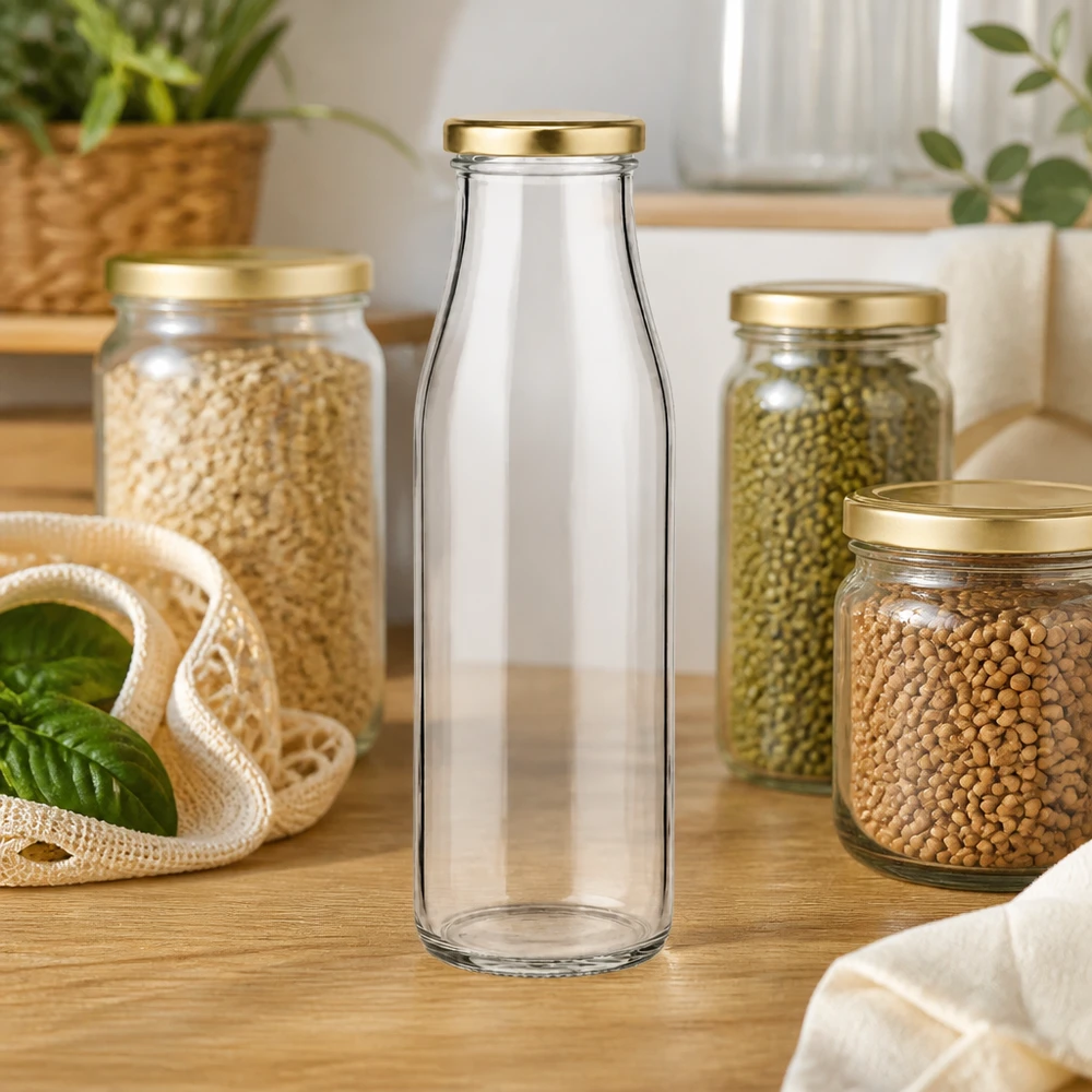 500ml Glasflasche BasicSeal gold in moderner Küche zwischen Vorratsgläsern mit Hülsenfrüchten Zero Waste Lifestyle