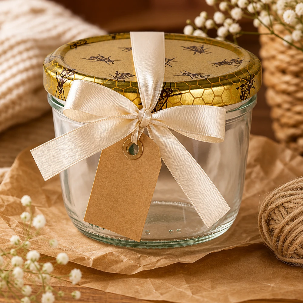 Leeres 230ml Sturzglas mit Bienenwaben-Deckel als Geschenk dekoriert mit cremefarbener Schleife und Anhänger
