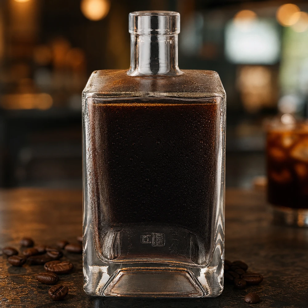 700ml Glasflasche Ben mit dunklem Kaffeelikör befüllt auf rustikalem Holztisch mit Kaffeebohnen Bar-Atmosphäre