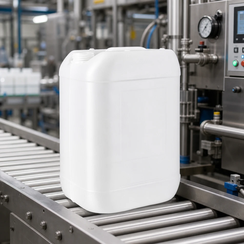 Lebensmittelechter 25 Liter Kanister offen für Flüssigkeiten in der Produktionslinie