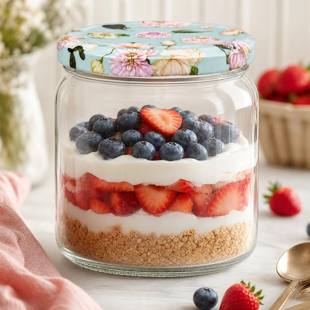 425ml Rundglas mit BasicSeal Deckel Blume mint als Dessertglas - Schichtdessert mit Beeren und Sahne im Einmachglas