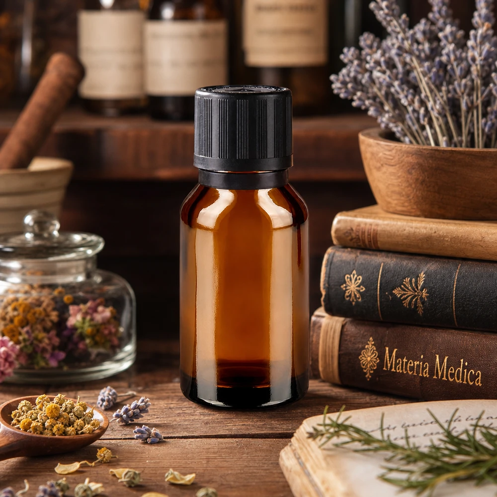 Pharmazeutische Braunglasflasche 15ml mit 1mm Tropfvorrichtung in apothekertypischer Kräuterumgebung