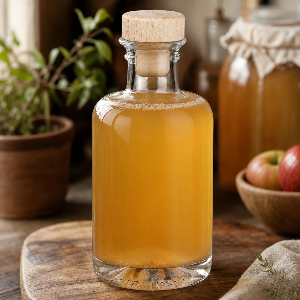 100ml Glasflasche "Sofia" mit Holzgriff-Korken UNiTWIST 100ml Glasflasche Sofia mit Holzkorken gefüllt mit Apfelsaft neben Äpfeln in warmer Küchen-Atmosphäre Lifestyle